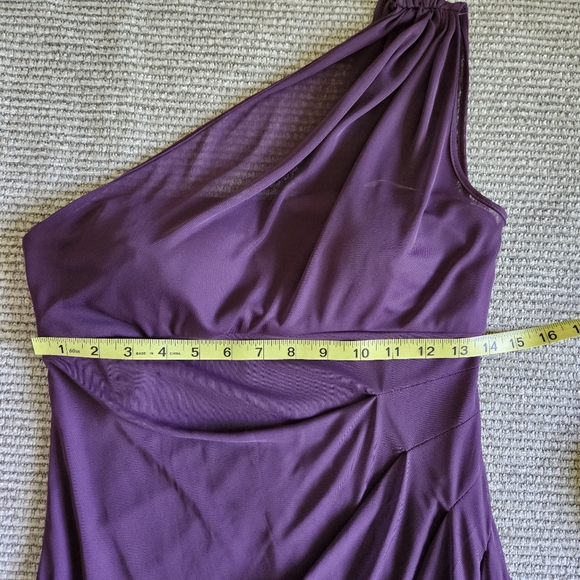 David's Bridal Long Mesh One Shoulder Illusion Dress Plum Style# F19074 Size 4 - Picture 9 of 15